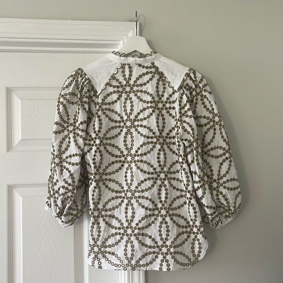 NEW Maison Common Eyelet Embroidered Linen Puff Sleeve Blouse Luxury - Picture 3 of 5